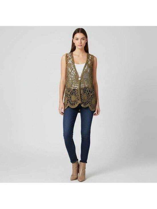 Jackets & Blazers - Boho Gold Metallic Crochet Vest Fairycore Sleeveless Lace Open Knit Festival Top